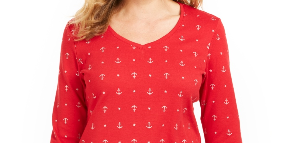Karen Scott Blusa Feminina com Estampa de Âncora e Gola V Vermelha Tamanho P