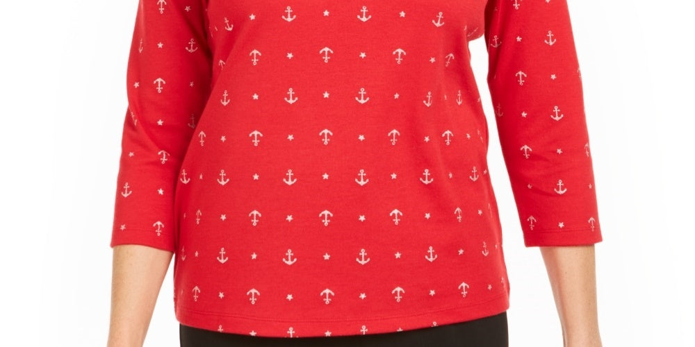 Karen Scott Blusa Feminina com Estampa de Âncora e Gola V Vermelha Tamanho P