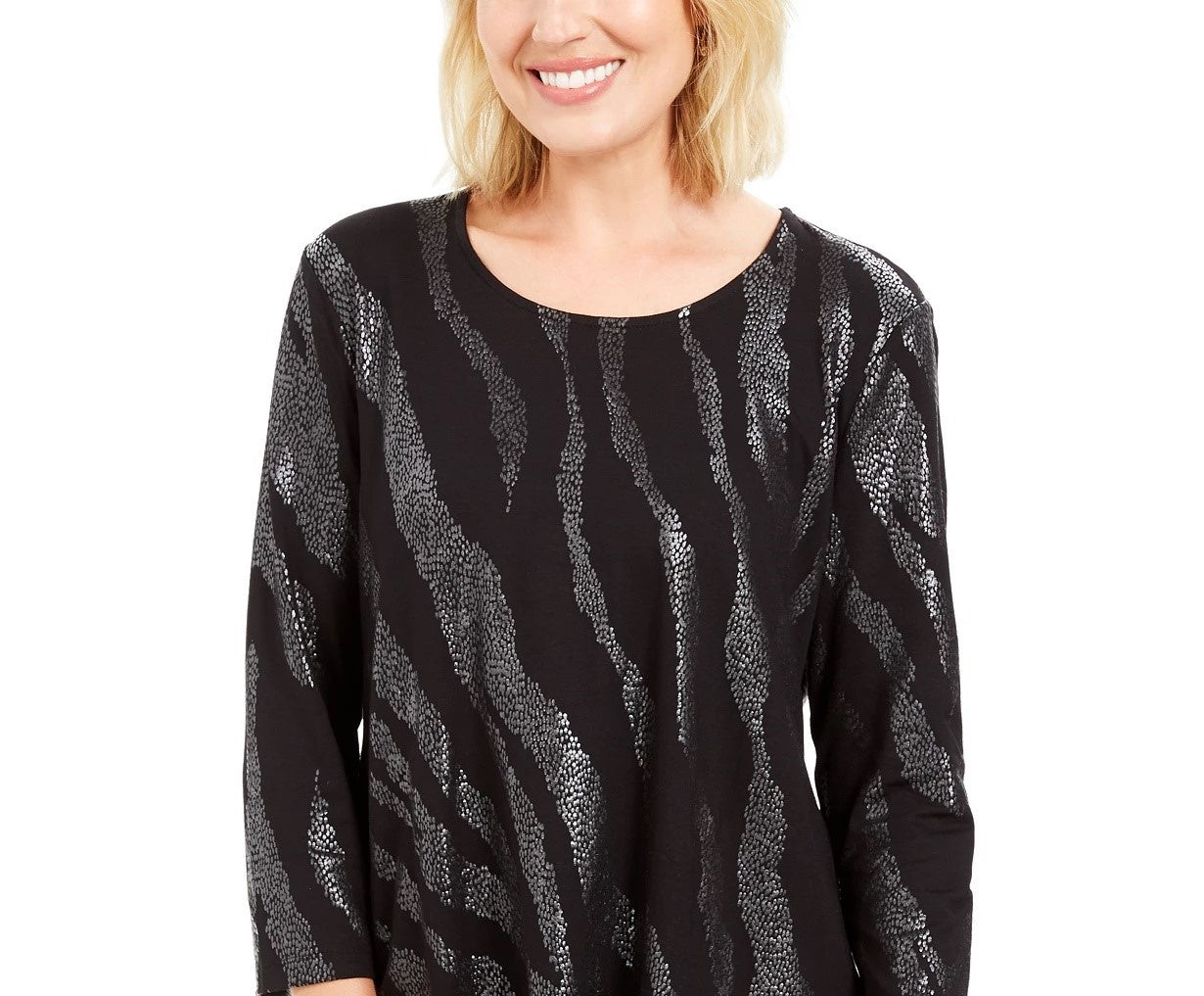 Top estampado com decote redondo da coleção feminina JM, preto, tamanho pequeno