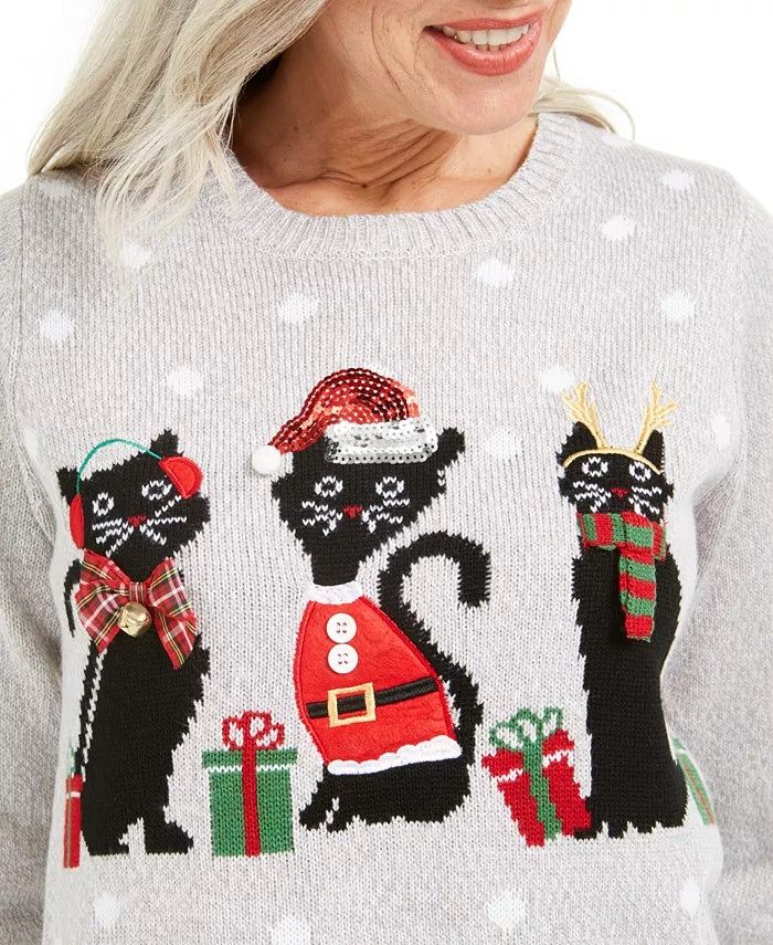 Karen Scott Suéter Feminino com Aplique de Gato para Festas, Cinza Médio, Tamanho Médio