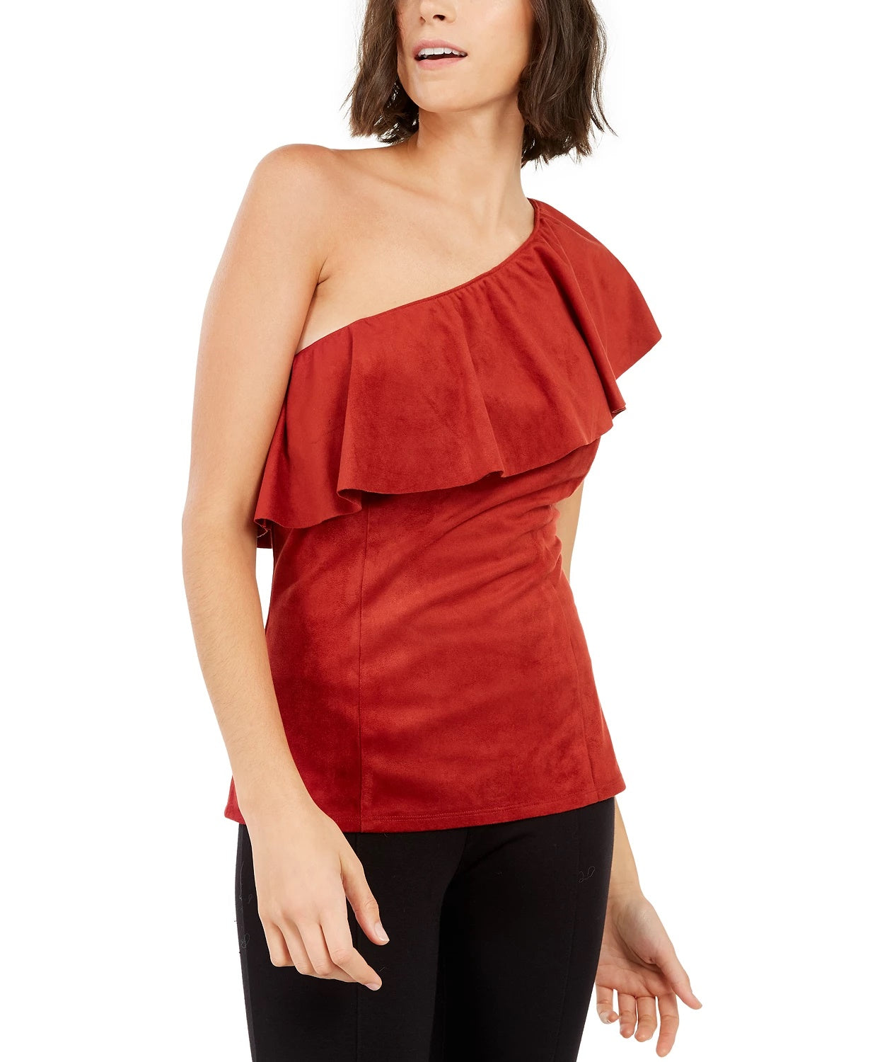 INC International Concepts Top feminino de camurça sintética com um ombro e babados, vermelho, tamanho grande