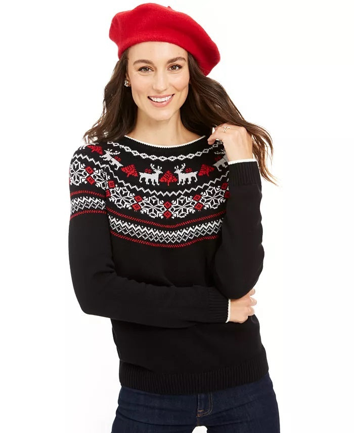 Suéter feminino metálico Fair Isle Family da Charter Club, preto, tamanho XX-G