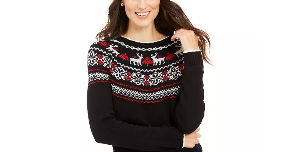 Suéter feminino metálico Fair Isle Family da Charter Club, preto, tamanho XX-G