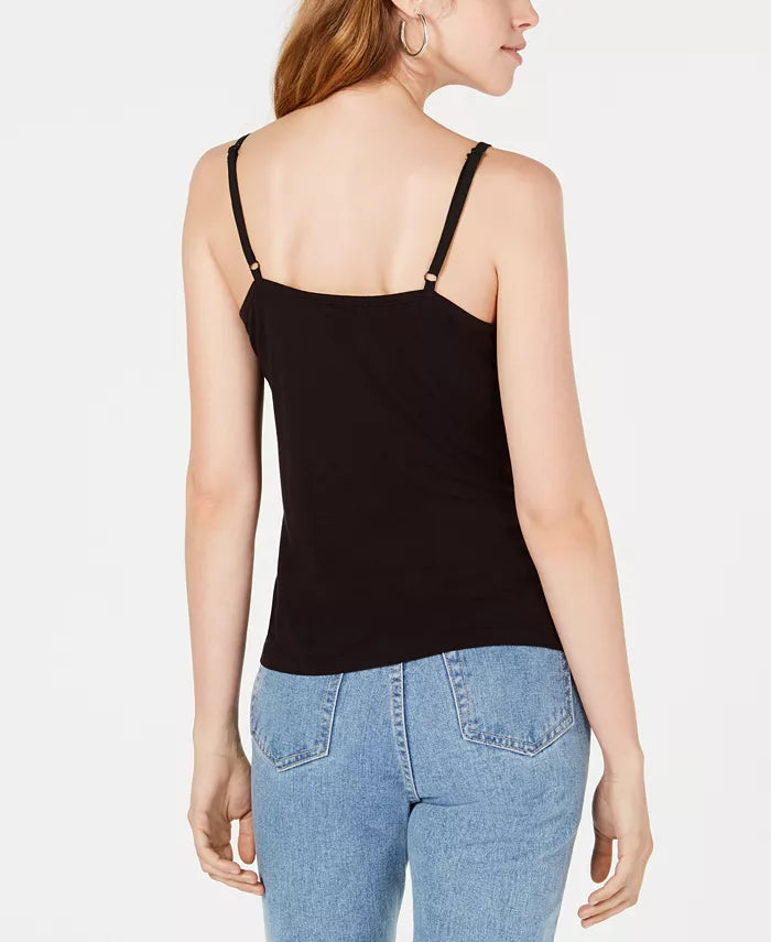Camisola feminina Bar III com acabamento em renda e detalhes cruzados, preta, tamanho extragrande