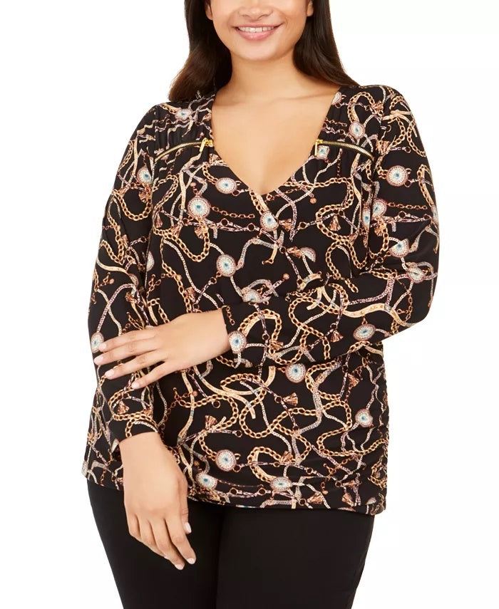 Blusa feminina com sobrepeliz e zíper estampado da INC International Concepts, preta, tamanho 4X