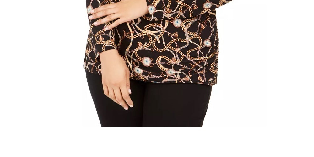 Blusa feminina com sobrepeliz e zíper estampado da INC International Concepts, preta, tamanho 4X