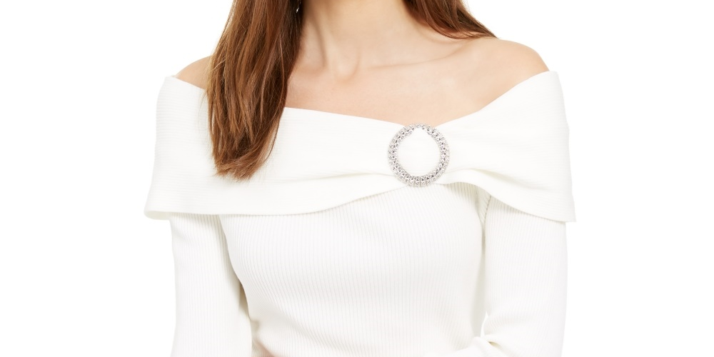 Suéter feminino com decote ombro a ombro e detalhes embelezados, tamanho XX-G, da INC International Concepts