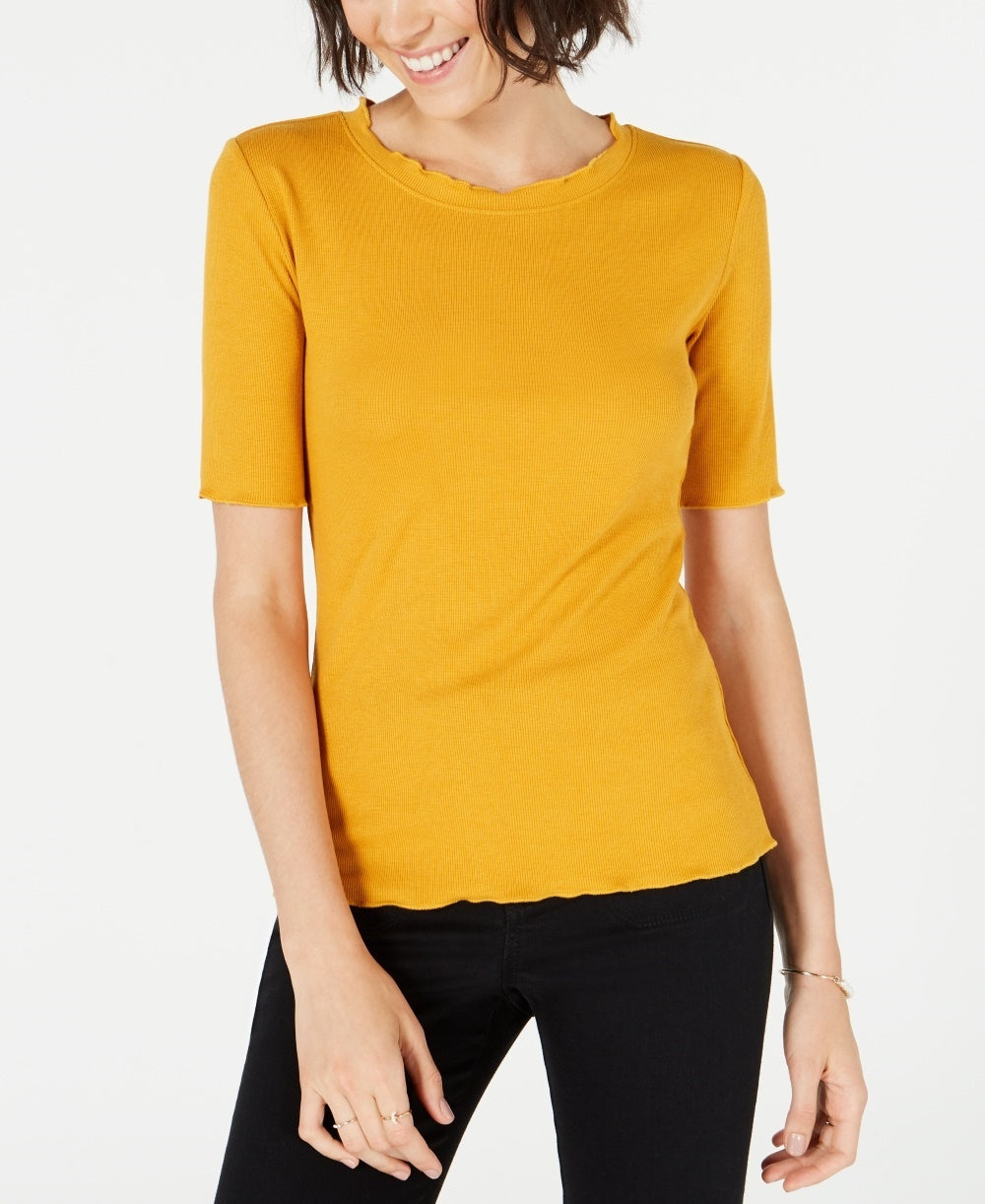 Blusa feminina Maison Jules com decote redondo e mangas curtas, amarelo escuro, tamanho P
