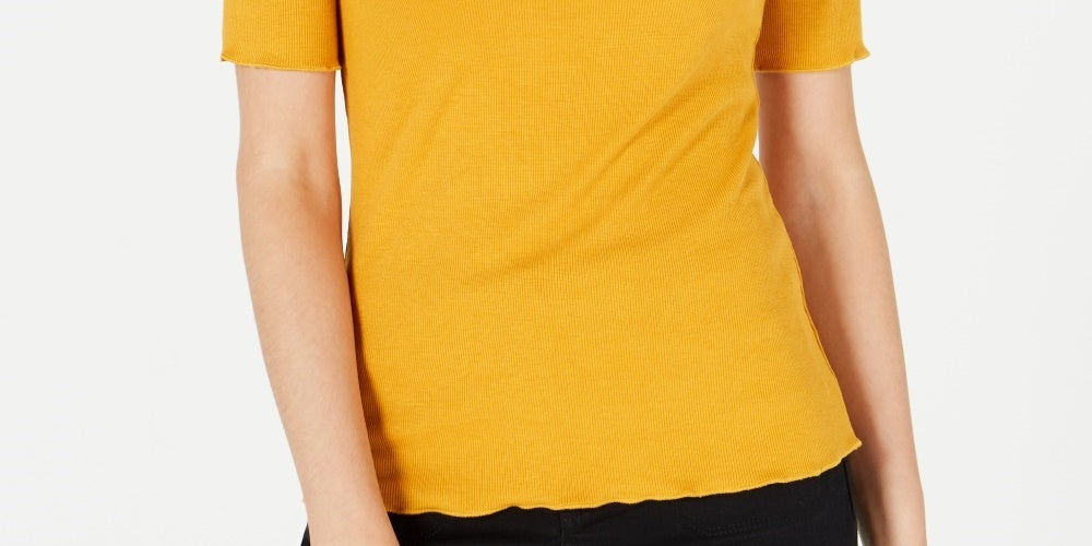 Blusa feminina Maison Jules com decote redondo e mangas curtas, amarelo escuro, tamanho P