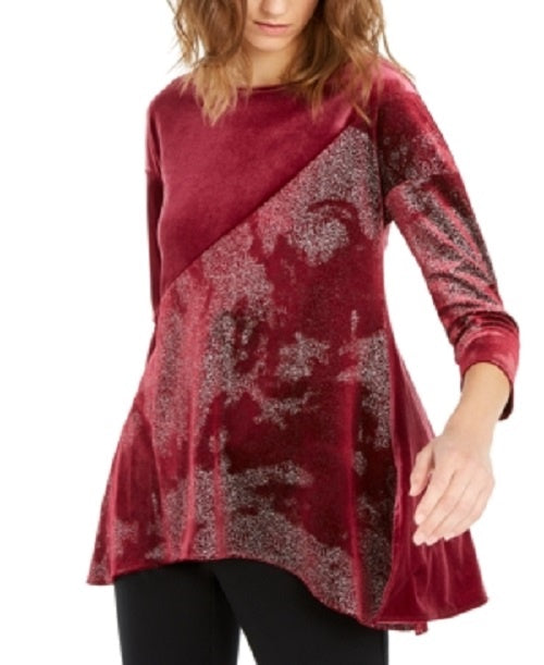 Blusa feminina Alfani com decote redondo e manga 3/4 vermelha e salpicada, tamanho grande