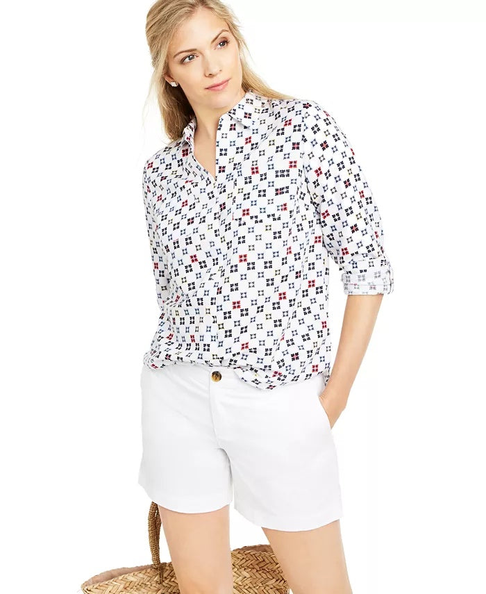 Blusa feminina Charter Club estampada com mangas dobradas e mistura de linho, branca, tamanho médio