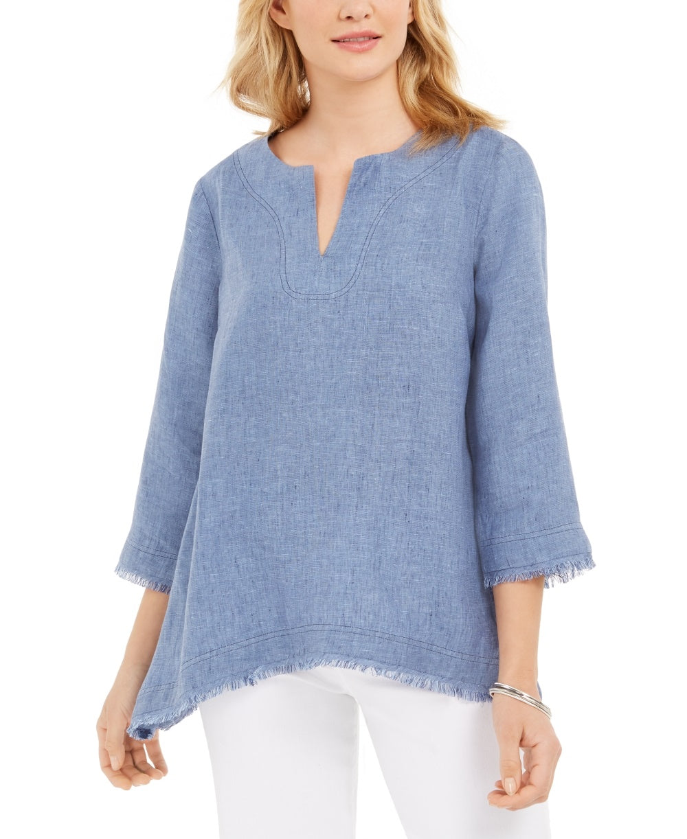 Blusa de linho com bainha desfiada feminina Charter Club, azul-marinho, tamanho X-S