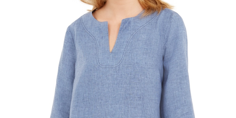 Blusa de linho com bainha desfiada feminina Charter Club, azul-marinho, tamanho X-S