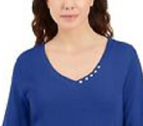 Blusa feminina Karen Scott com decote em V e detalhes em botões, azul escuro, tamanho médio