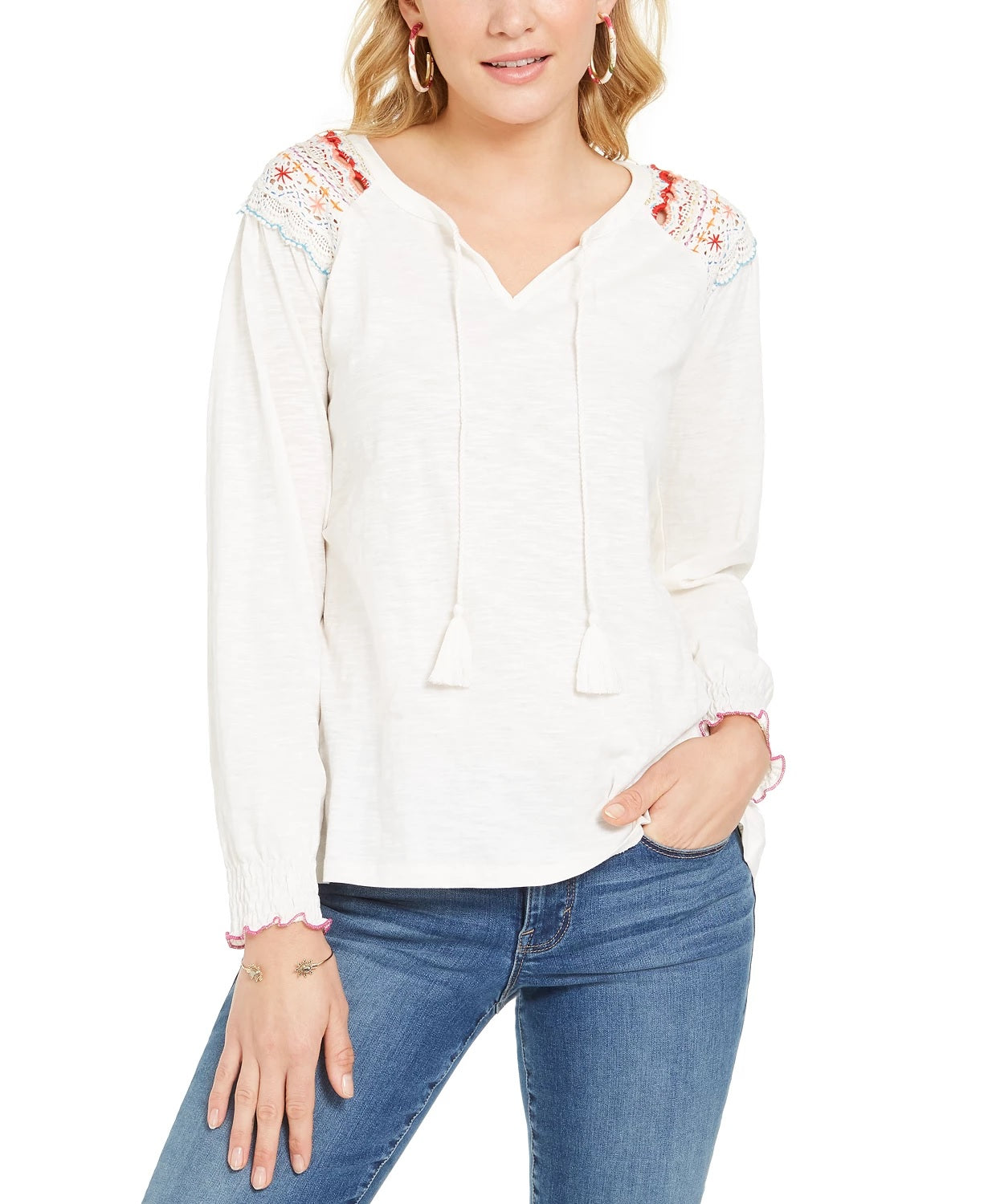 Blusa feminina bordada com ombros de fora, tamanho natural, pequena, estilo &amp; co