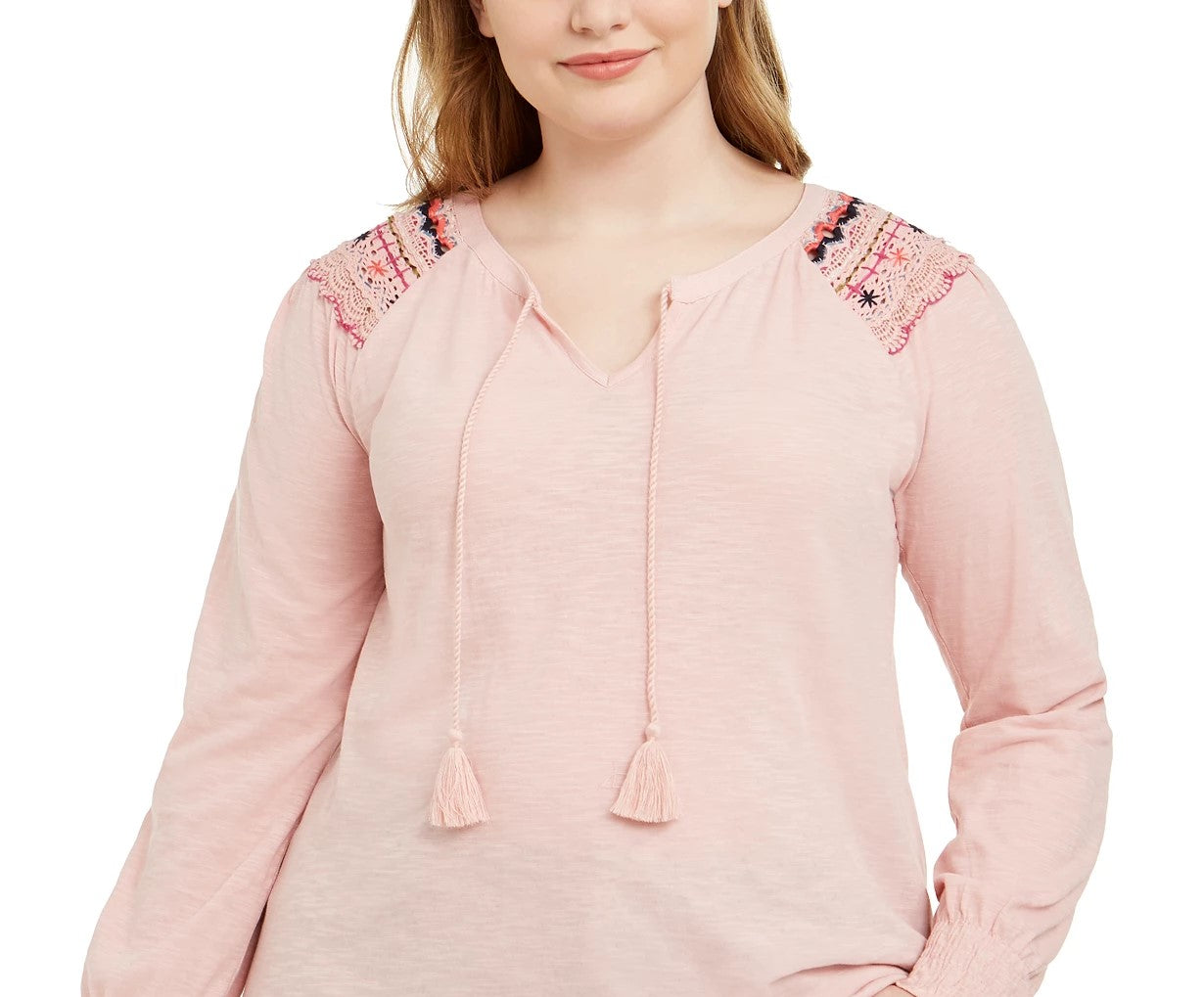 Blusa camponesa bordada de gaze de algodão plus size Style &amp; Co feminina, rosa, tamanho 2X