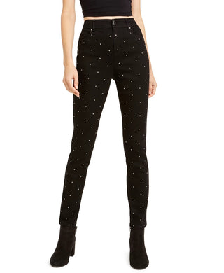 Calça jeans skinny feminina Bar III com tachas no tornozelo, preta, tamanho 2