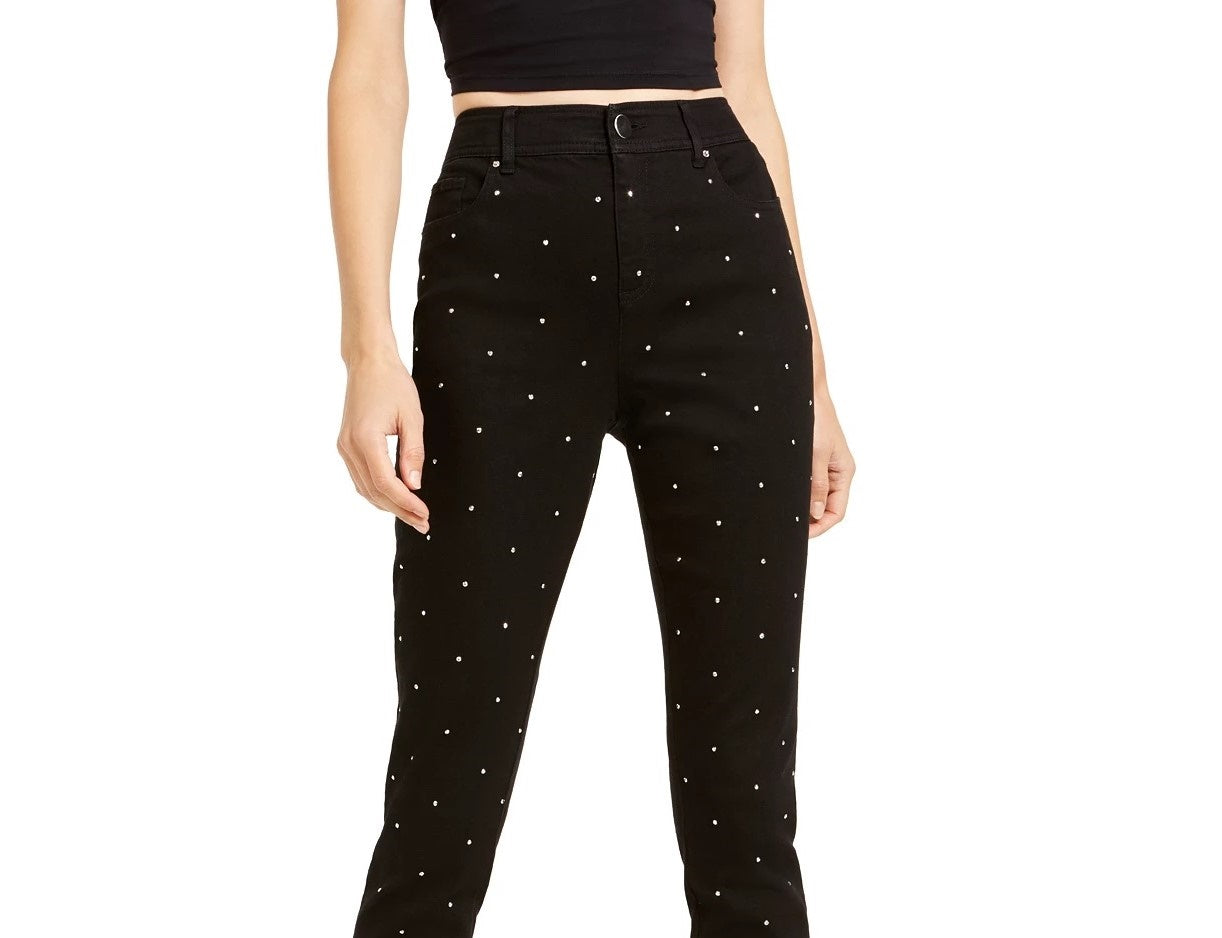 Calça jeans skinny feminina Bar III com tachas no tornozelo, preta, tamanho 2