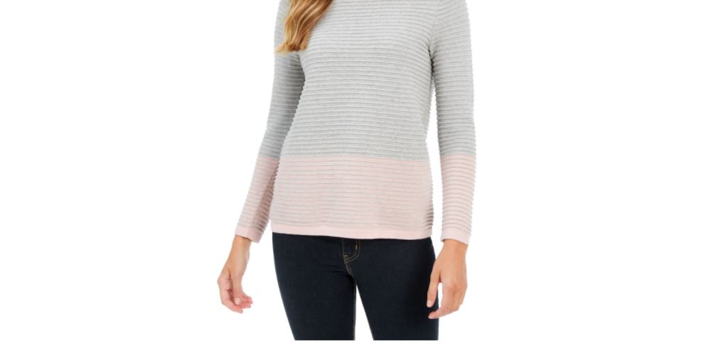 Blusa feminina Charter Club mesclada, manga comprida, gola redonda, cinza, tamanho médio