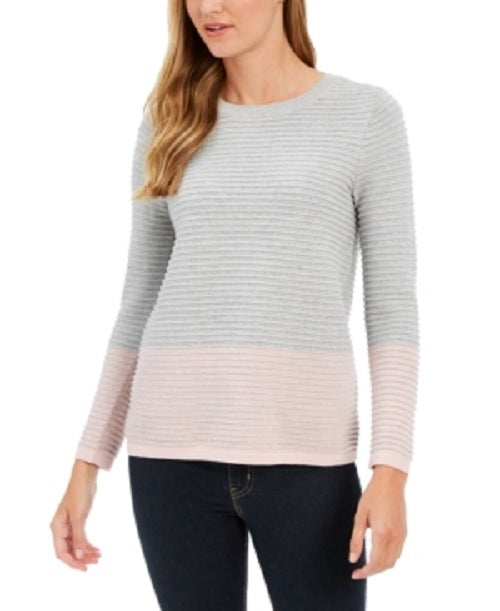 Blusa feminina Charter Club mesclada, manga comprida, gola redonda, cinza, tamanho pequeno