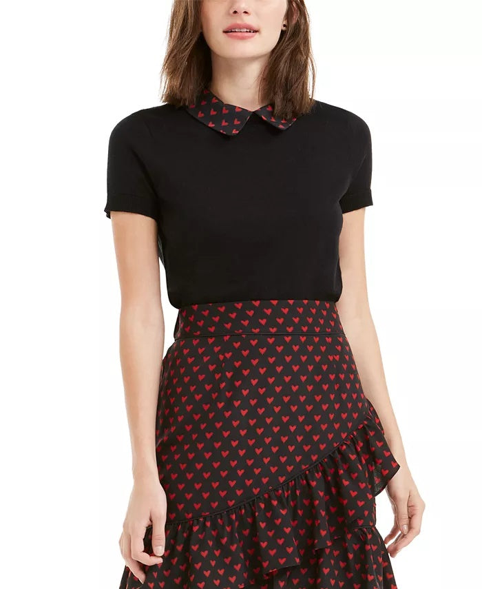 Blusa feminina Maison Jules com gola contrastante e estampa contrastante, preta, tamanho pequeno