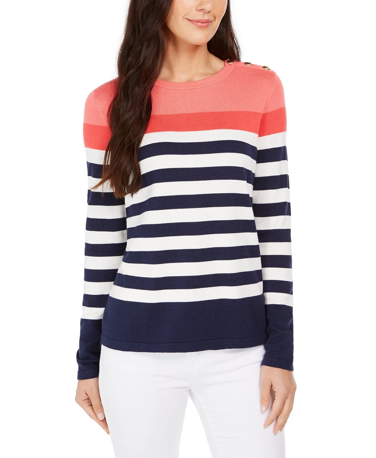 Suéter feminino listrado com botões e ombros de fora, tamanho médio, vermelho, Charter Club