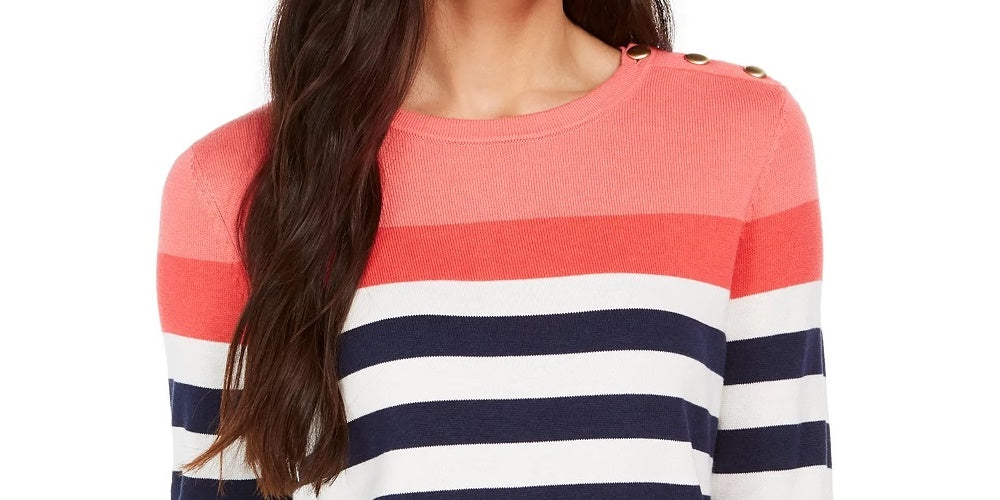 Suéter feminino listrado com botões e ombros de fora, tamanho médio, vermelho, Charter Club