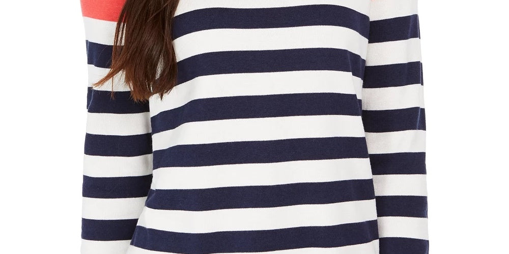 Suéter feminino listrado com botões e ombros de fora, tamanho médio, vermelho, Charter Club