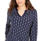 Blusa feminina estampada com decote aberto, azul, tamanho grande