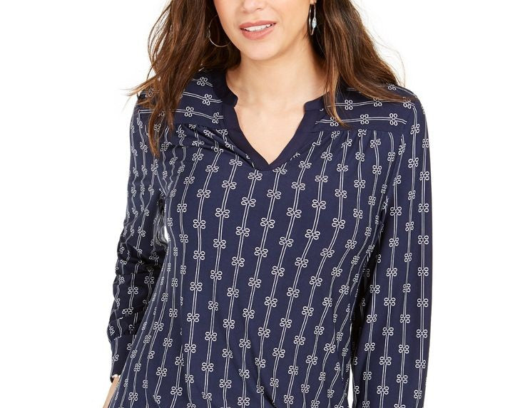Blusa feminina estampada com decote aberto, azul, tamanho grande
