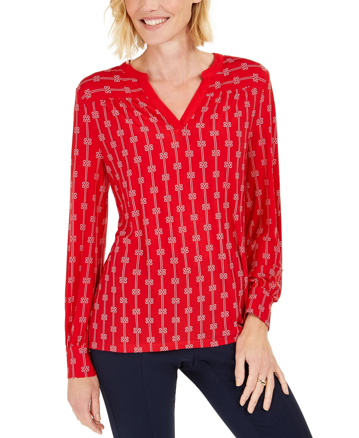 Top feminino estampado com decote dividido, tamanho grande, vermelho, Charter Club