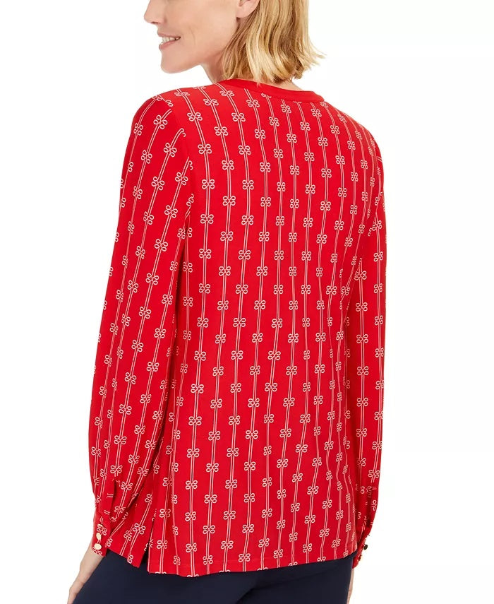 Top feminino estampado com decote dividido, tamanho grande, vermelho, Charter Club