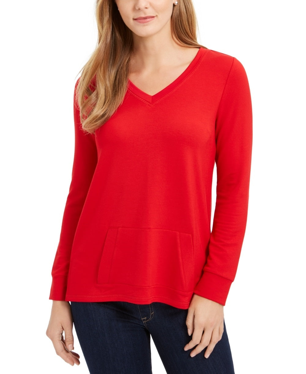 Túnica feminina Charter Club French Terry com decote em V, vermelha, tamanho médio