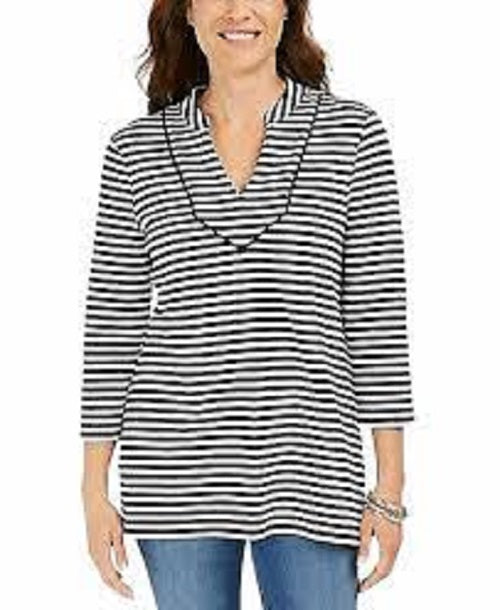 Blusa feminina listrada Charter Club com manga 3/4, preta, tamanho X-S