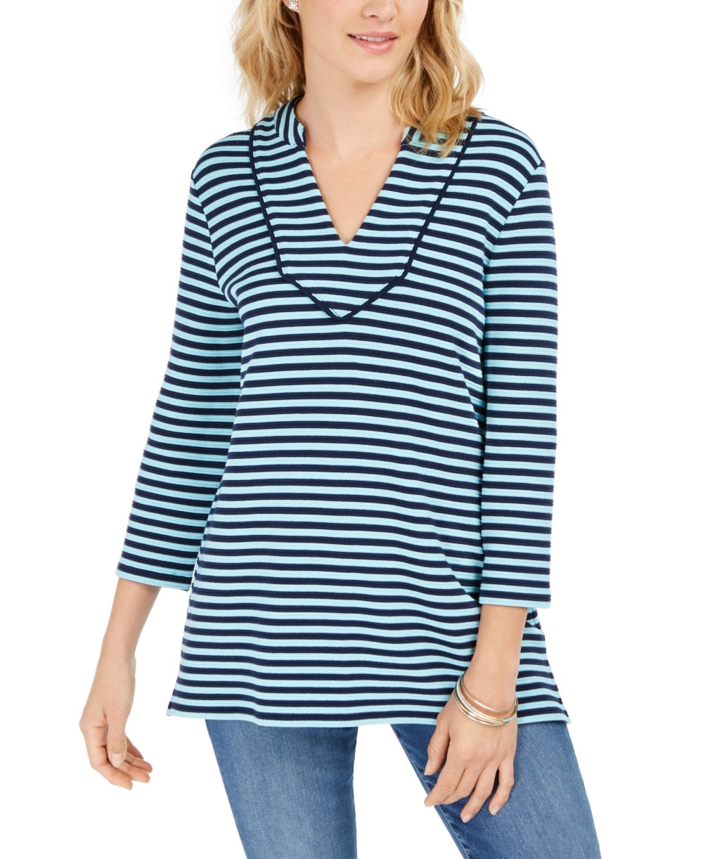 Top listrado feminino Charter Club com manga 3/4, azul marinho, tamanho XX-G