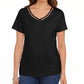 Camiseta feminina Karen Scott de algodão com decote em V e acabamento aberto, preta, tamanho médio