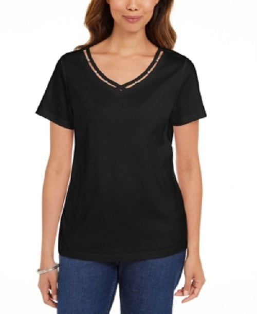 Camiseta feminina Karen Scott de algodão com decote em V e acabamento aberto, preta, tamanho médio