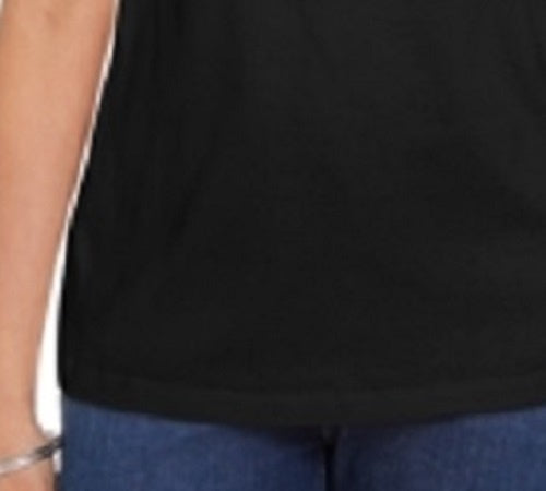 Camiseta feminina Karen Scott de algodão com decote em V e acabamento aberto, preta, tamanho médio