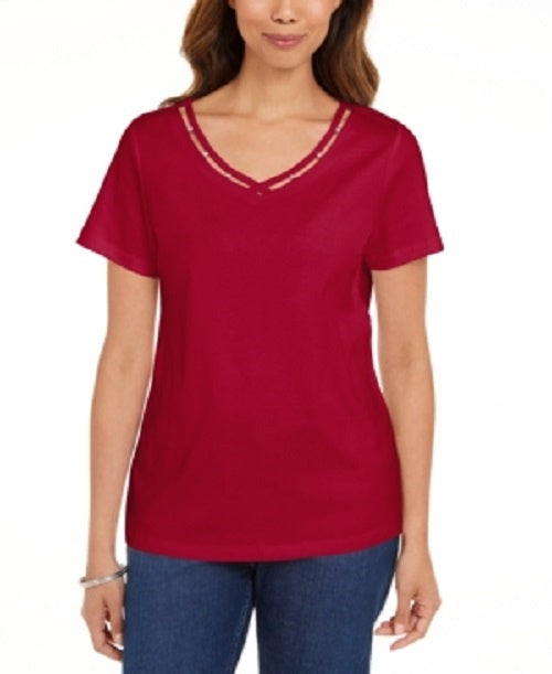 Camiseta feminina Karen Scott de algodão com decote em V e acabamento aberto, vermelha brilhante, tamanho médio