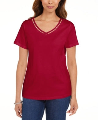 Camiseta feminina Karen Scott de algodão com decote em V e acabamento aberto, vermelha brilhante, tamanho médio
