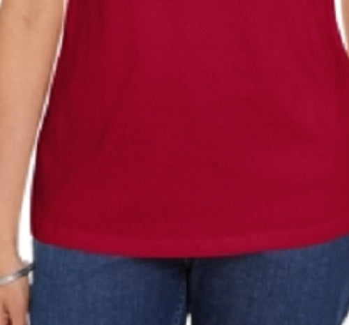 Camiseta feminina Karen Scott de algodão com decote em V e acabamento aberto, vermelha brilhante, tamanho médio