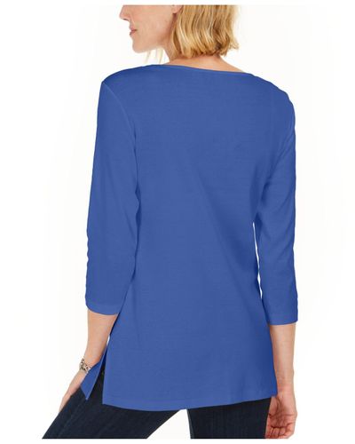 Karen Scott Blusa Feminina de Algodão com Tachas e Gola Dividida Azul Tamanho P