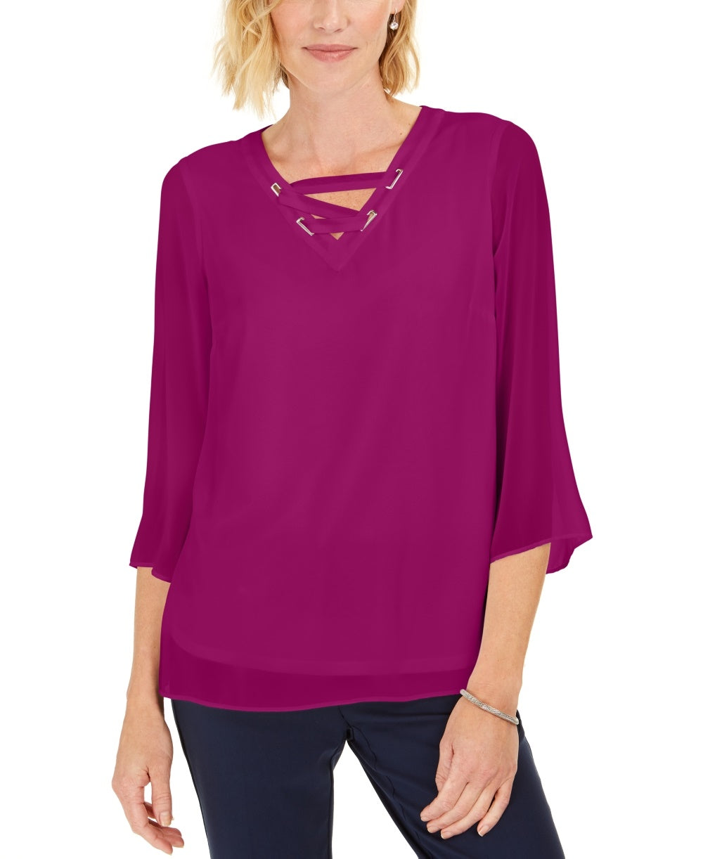 JM Collection Top Feminino com Renda e Acabamento em Ilhós Rosa Tamanho P