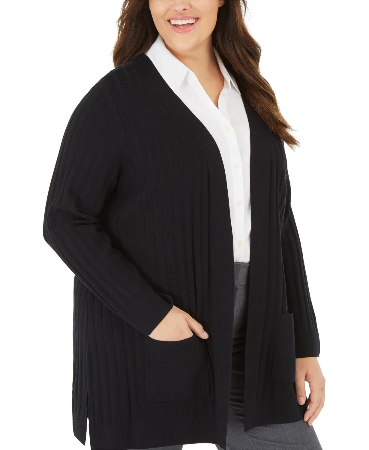 Cardigan feminino Alfani com nervuras largas, preto, tamanho 1X