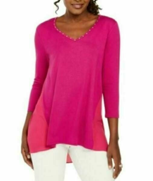 JM Collection Top Feminino Mix Media com Decote Redondo e Manga 3/4 Rosa Tamanho P