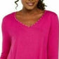 JM Collection Top Feminino Mix Media com Decote Redondo e Manga 3/4 Rosa Tamanho P