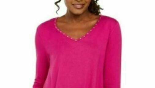 JM Collection Top Feminino Mix Media com Decote Redondo e Manga 3/4 Rosa Tamanho P
