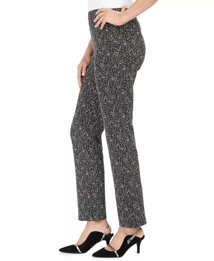 Calça reta estampada da coleção feminina JM, preta, tamanho extra pequeno
