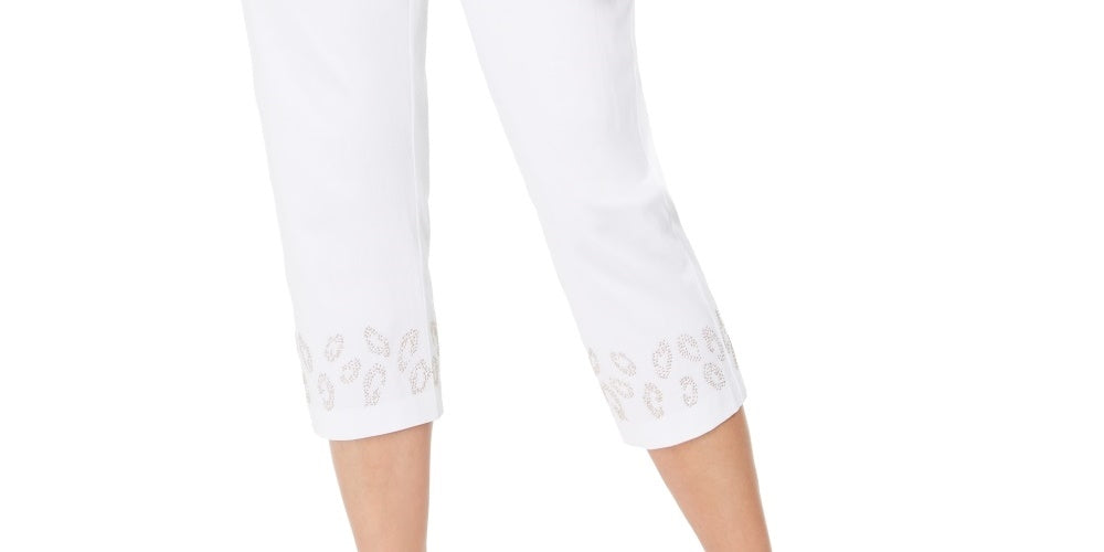 Calça Capri Feminina JM Collection com Bainha Embelezada, Branca, Tamanho Médio