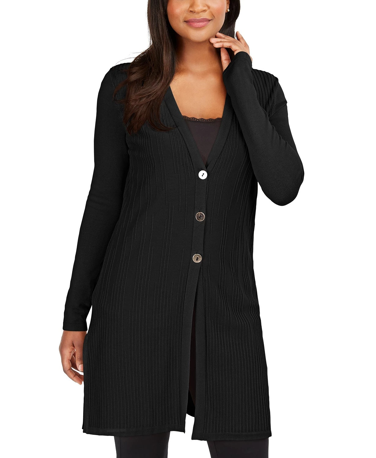 Cardigan Duster Feminino com Botões Frontais e Canelados JM Collection Preto Tamanho X-G